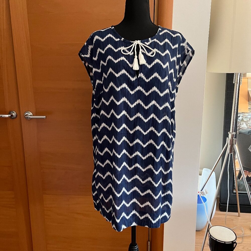 H&M Blue and White Cotton Tasseled Swim Cover-up Tunic Dress, NWT